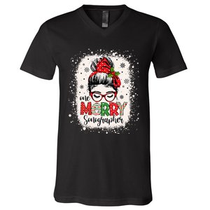 One Merry Sonographer Messy Bun Radiographer Christmas V-Neck T-Shirt