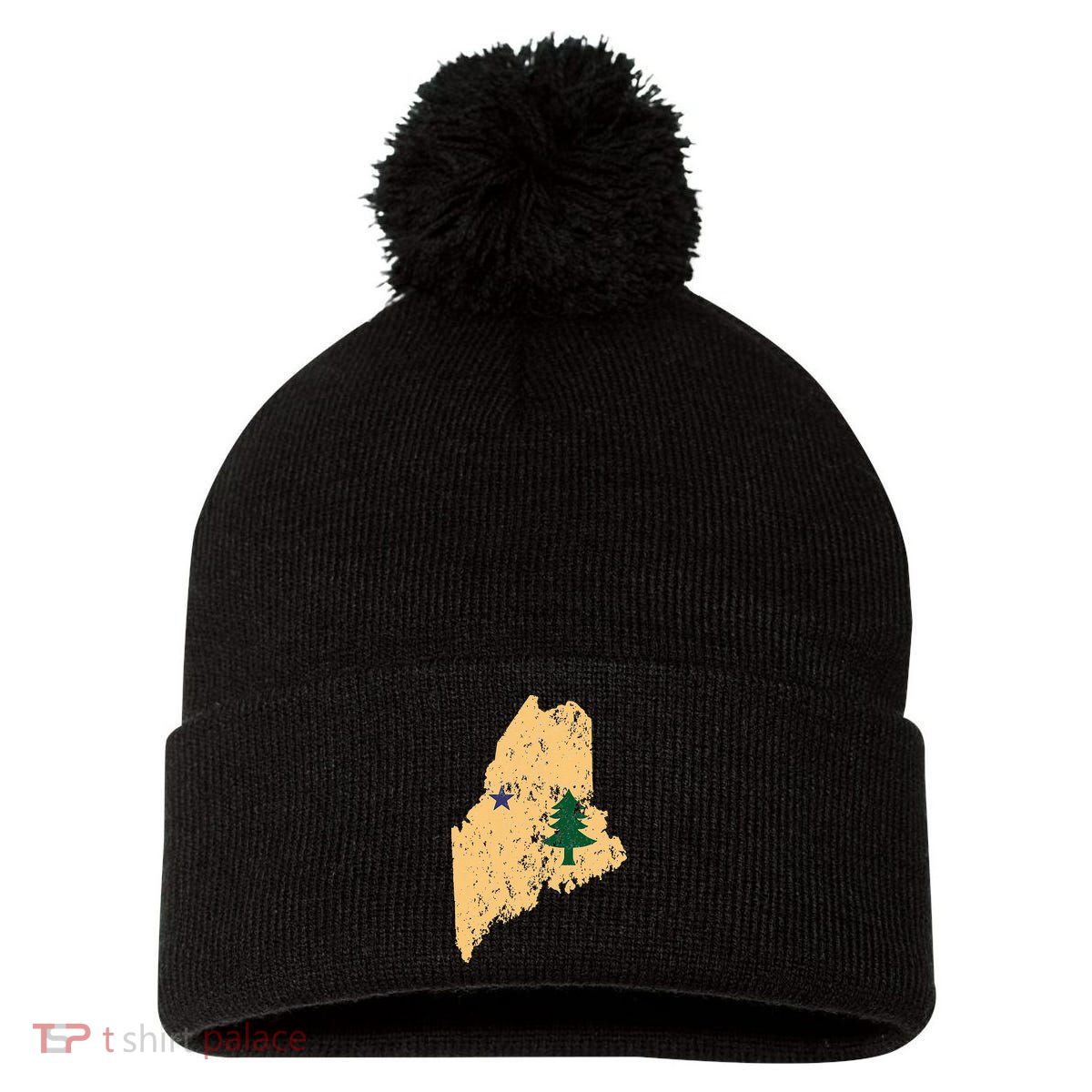 Original Maine State Flag Retro Northern New England Dirigo Pom Pom 12in Knit Beanie