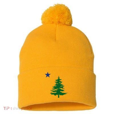 Old Maine State Flag 1901 Pine Tree Star Pom Pom 12in Knit Beanie