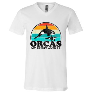 Orcas My Spirit Animal Orca Whale Retro Sunset Sea V-Neck T-Shirt