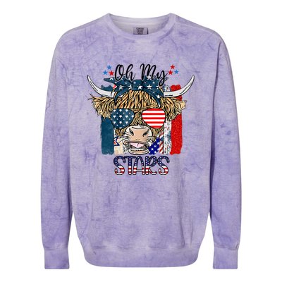 Oh My Stars Cow Highland Cow With 4th July American Flag Gift Colorblast Crewneck Sweatshirt