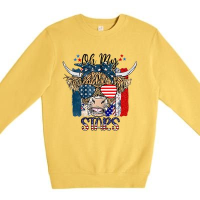 Oh My Stars Cow Highland Cow With 4th July American Flag Gift Premium Crewneck Sweatshirt