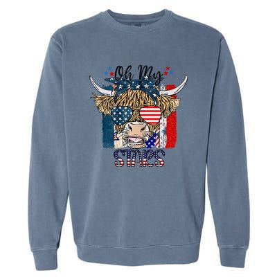 Oh My Stars Cow Highland Cow With 4th July American Flag Gift Garment-Dyed Sweatshirt