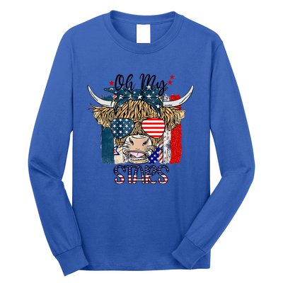 Oh My Stars Cow Highland Cow With 4th July American Flag Gift Long Sleeve Shirt