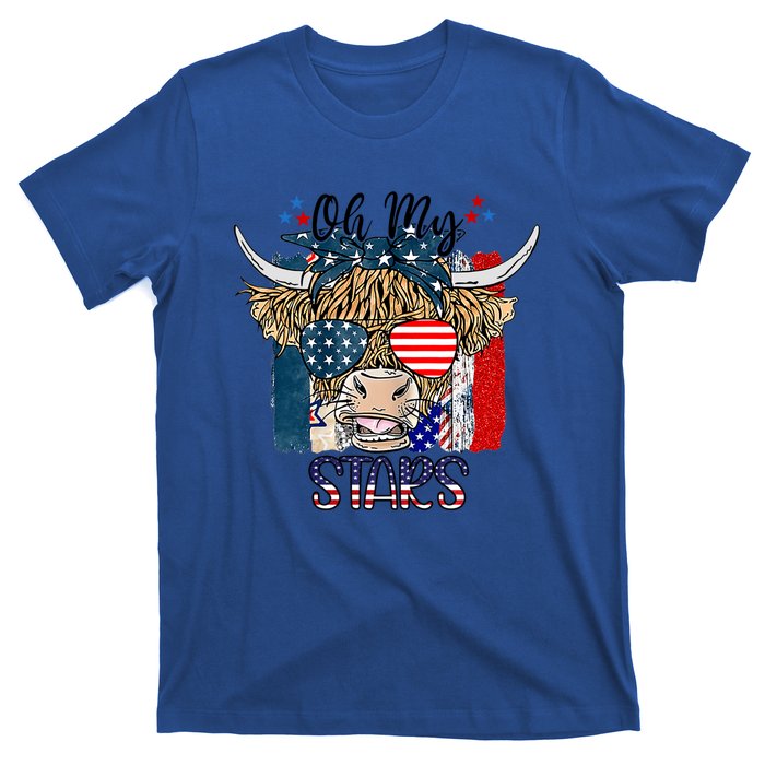 Oh My Stars Cow Highland Cow With 4th July American Flag Gift T-Shirt