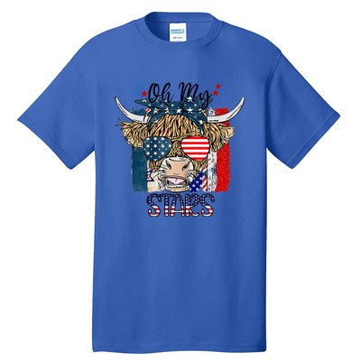 Oh My Stars Cow Highland Cow With 4th July American Flag Gift Tall T-Shirt