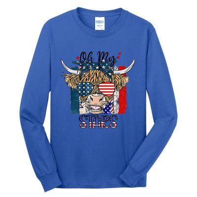 Oh My Stars Cow Highland Cow With 4th July American Flag Gift Tall Long Sleeve T-Shirt