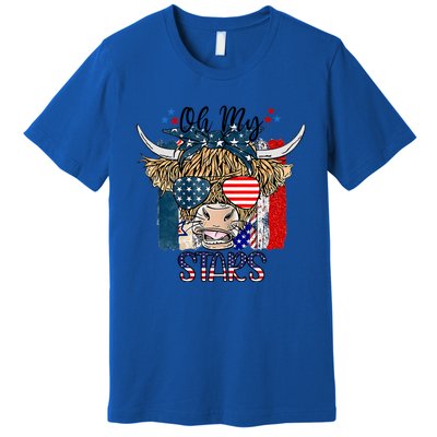 Oh My Stars Cow Highland Cow With 4th July American Flag Gift Premium T-Shirt