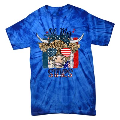 Oh My Stars Cow Highland Cow With 4th July American Flag Gift Tie-Dye T-Shirt