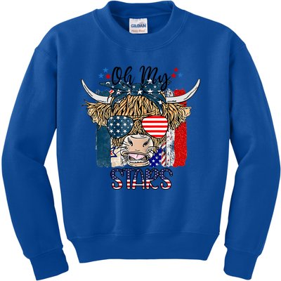 Oh My Stars Cow Highland Cow With 4th July American Flag Gift Kids Sweatshirt