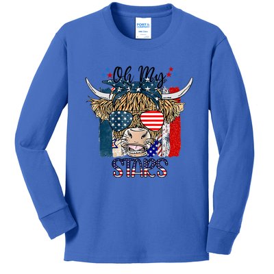 Oh My Stars Cow Highland Cow With 4th July American Flag Gift Kids Long Sleeve Shirt