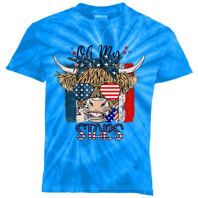 Oh My Stars Cow Highland Cow With 4th July American Flag Gift Kids Tie-Dye T-Shirt