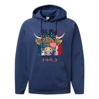 Oh My Stars Cow Highland Cow With 4th July American Flag Gift Performance Fleece Hoodie