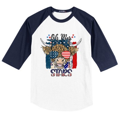 Oh My Stars Cow Highland Cow With 4th July American Flag Gift Baseball Sleeve Shirt