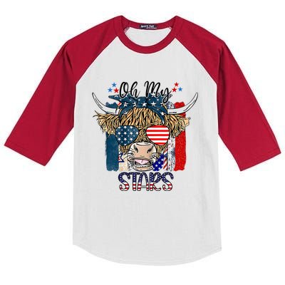 Oh My Stars Cow Highland Cow With 4th July American Flag Gift Kids Colorblock Raglan Jersey