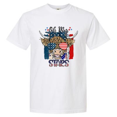 Oh My Stars Cow Highland Cow With 4th July American Flag Gift Garment-Dyed Heavyweight T-Shirt