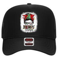 One Merry Teacher Christmas Leopard Messy Bun Teacher Xmas High Crown Mesh Back Trucker Hat