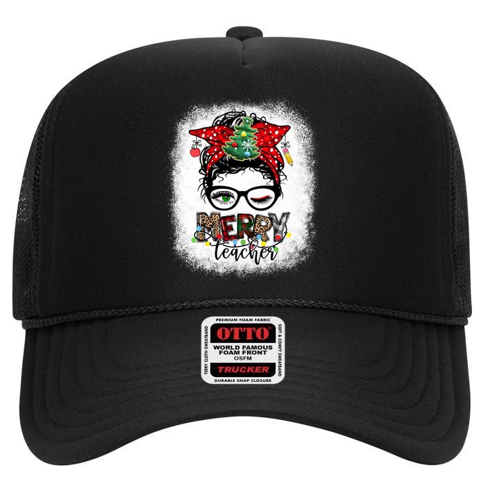 One Merry Teacher Christmas Leopard Messy Bun Teacher Xmas High Crown Mesh Back Trucker Hat