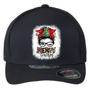 One Merry Teacher Christmas Leopard Messy Bun Teacher Xmas Flexfit Unipanel Trucker Cap