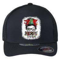 One Merry Teacher Christmas Leopard Messy Bun Teacher Xmas Flexfit Unipanel Trucker Cap