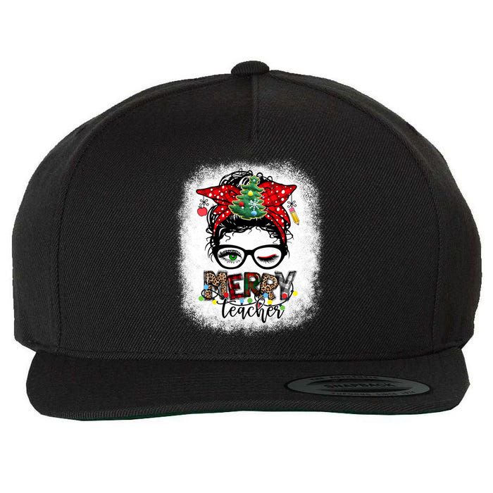 One Merry Teacher Christmas Leopard Messy Bun Teacher Xmas Wool Snapback Cap