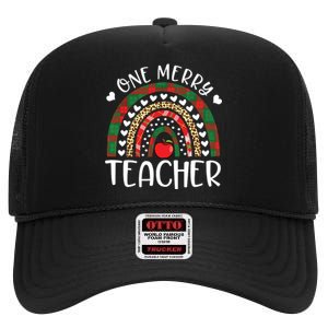 One Merry Teacher Christmas Rainbow Leopard Buffalo Plaid High Crown Mesh Back Trucker Hat