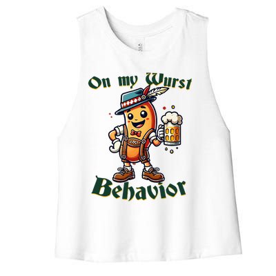 On My Wurst Behavior Funny Oktoberfest Costume Outfit German Women's Racerback Cropped Tank