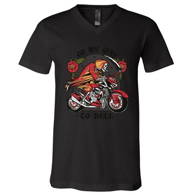 On My Way To Hell Motorcycle V-Neck T-Shirt