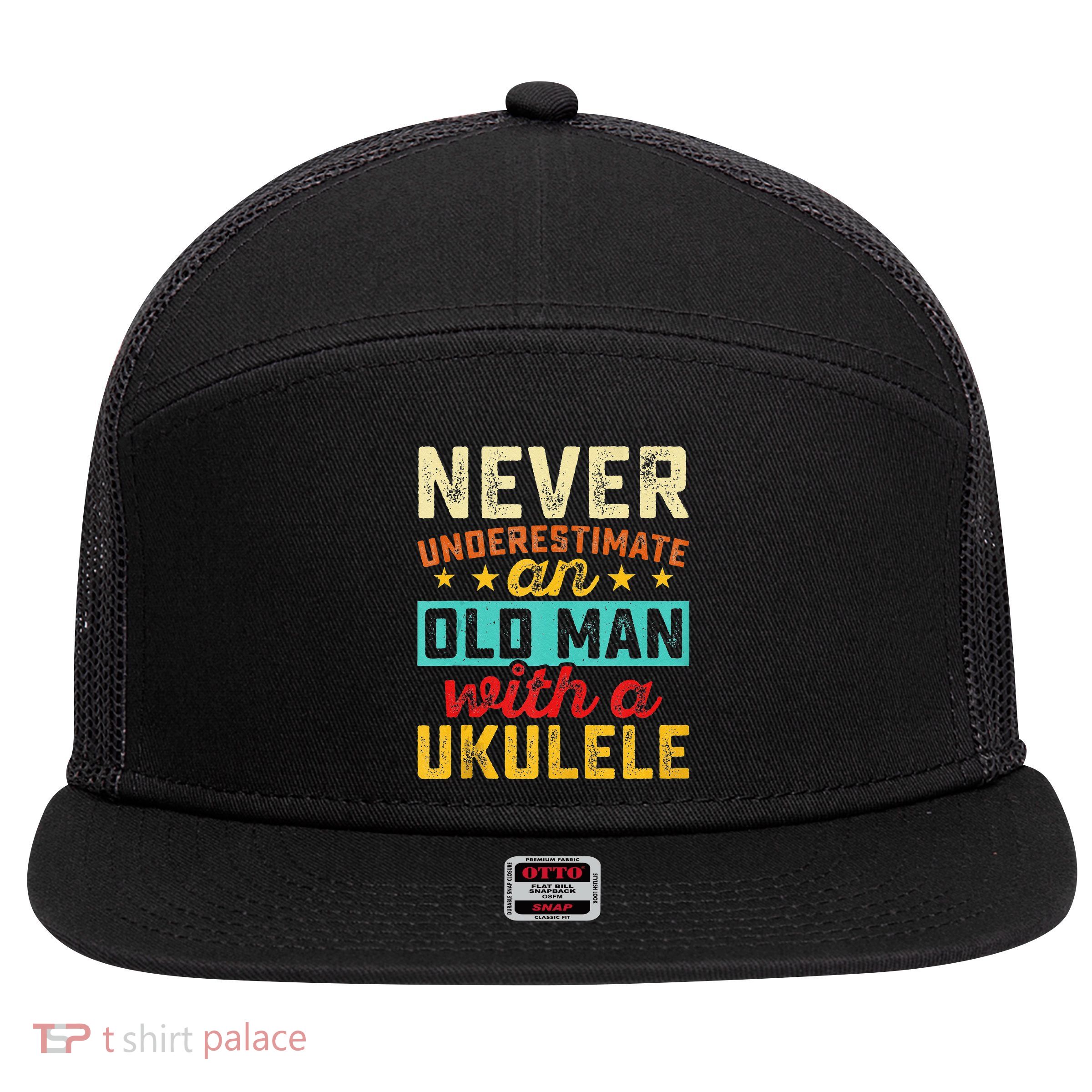 Old Man With Ukulele Hawaiian Guitar Player Music Musician 7 Panel Mesh Trucker Snapback Hat