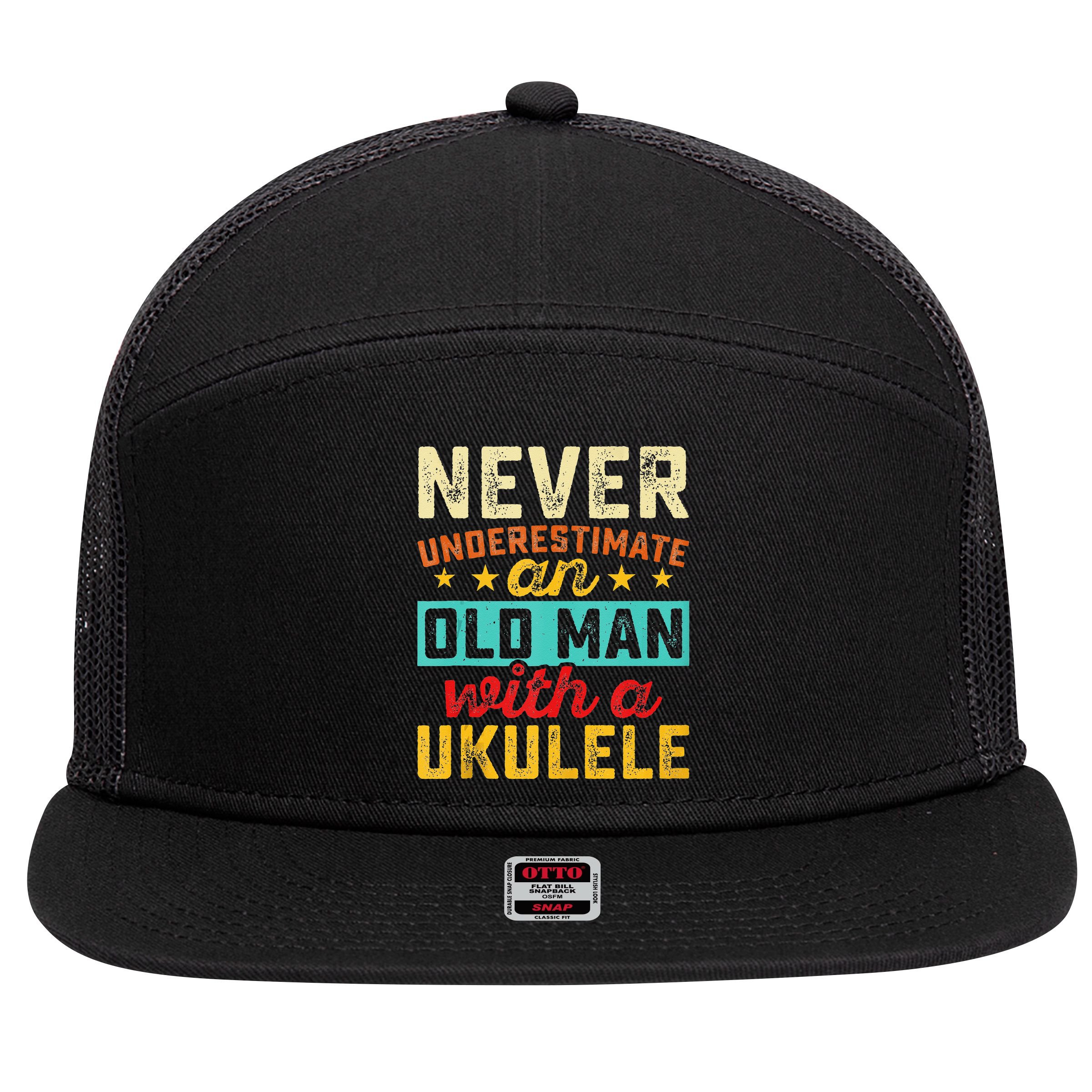 Old Man With Ukulele Hawaiian Guitar Player Music Musician 7 Panel Mesh Trucker Snapback Hat