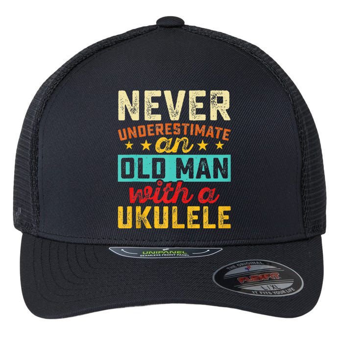 Old Man With Ukulele Hawaiian Guitar Player Music Musician Flexfit Unipanel Trucker Cap