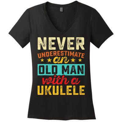 Old Man With Ukulele Hawaiian Guitar Player Music Musician Women's V-Neck T-Shirt