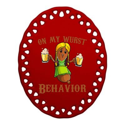 On My Wurst Behavior Bratwurst German Oktoberfest Funny Gift Ceramic Oval Ornament