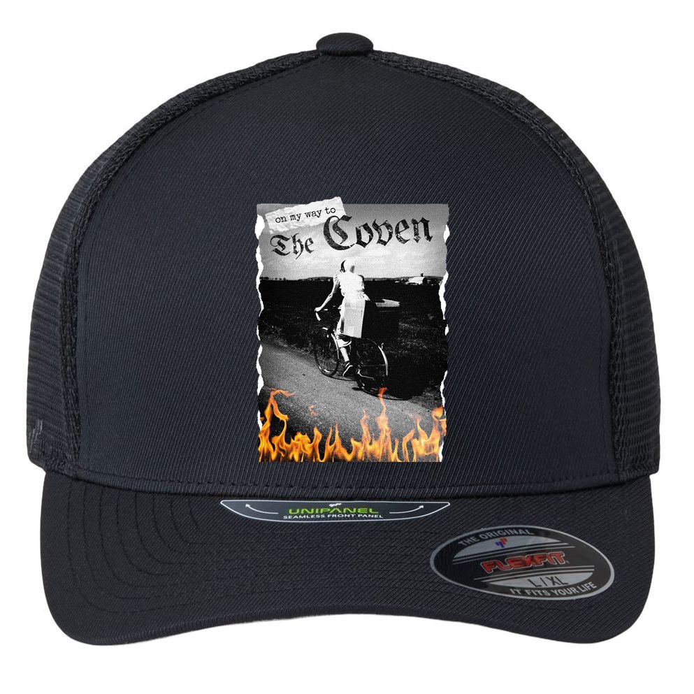 On My Way To The Coven Collage Flames Flexfit Unipanel Trucker Cap