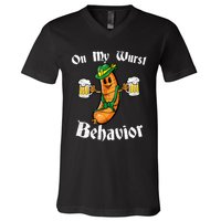 On My Wurst Behavior Funny Bratwurst German Oktoberfest V-Neck T-Shirt