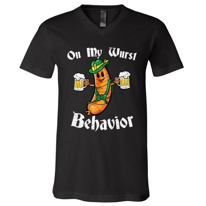 On My Wurst Behavior Funny Bratwurst German Oktoberfest V-Neck T-Shirt