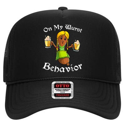 On My Wurst Behavior Funny Bratwurst German Oktoberfest High Crown Mesh Back Trucker Hat