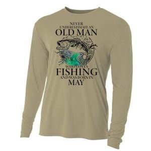 Old Man Who Loves Fishing Born In May Fisherman Birthday Cooling Performance Long Sleeve Crew