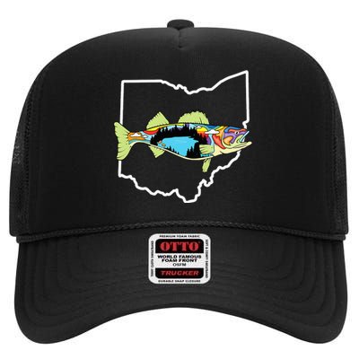 Ohio Map Walleye Fishing Freshwater Fisherman Walleye Fish High Crown Mesh Back Trucker Hat