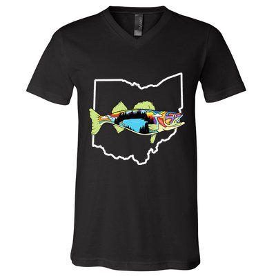 Ohio Map Walleye Fishing Freshwater Fisherman Walleye Fish V-Neck T-Shirt
