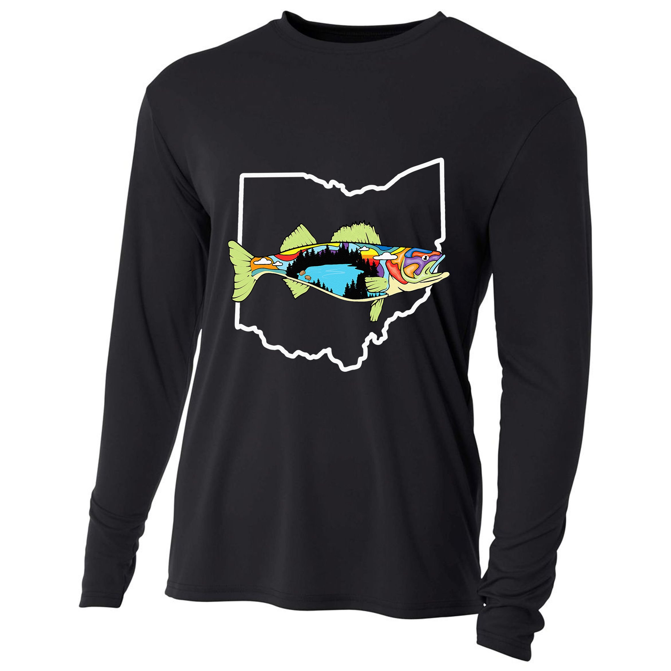 Ohio Map Walleye Fishing Freshwater Fisherman Walleye Fish Cooling Performance Long Sleeve Crew