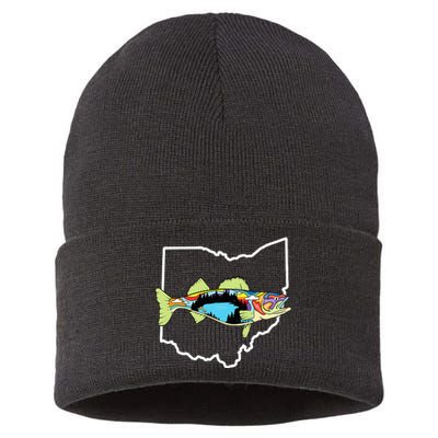 Ohio Map Walleye Fishing Freshwater Fisherman Walleye Fish Sustainable Knit Beanie