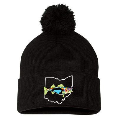 Ohio Map Walleye Fishing Freshwater Fisherman Walleye Fish Pom Pom 12in Knit Beanie