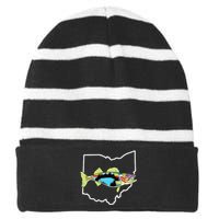 Ohio Map Walleye Fishing Freshwater Fisherman Walleye Fish Striped Beanie with Solid Band