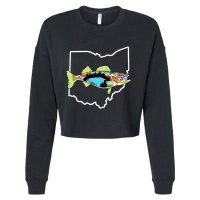 Ohio Map Walleye Fishing Freshwater Fisherman Walleye Fish Cropped Pullover Crew