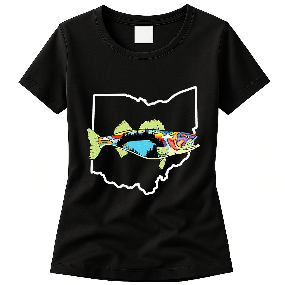 Ohio Map Walleye Fishing Freshwater Fisherman Walleye Fish Womens T-Shirt