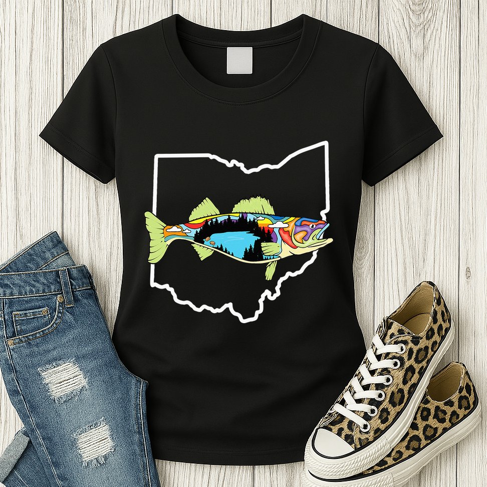 Ohio Map Walleye Fishing Freshwater Fisherman Walleye Fish Womens T-Shirt