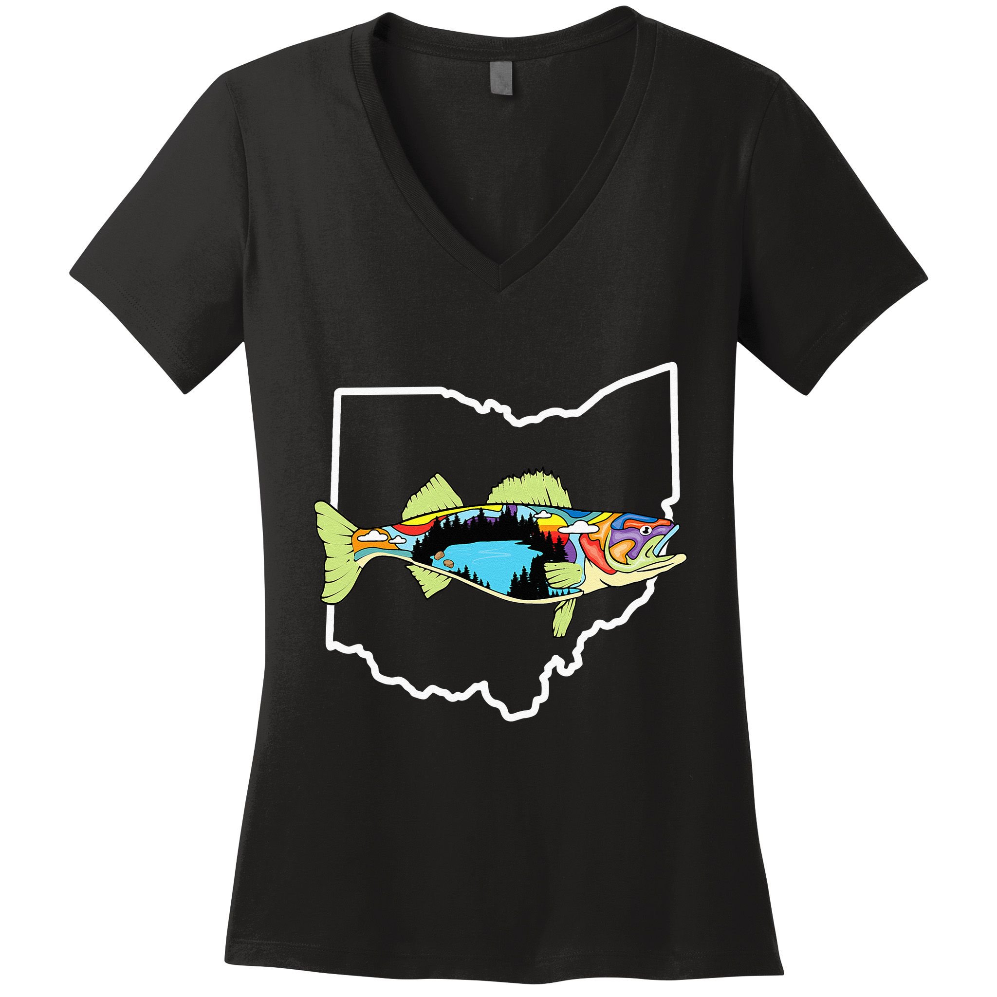 Ohio Map Walleye Fishing Freshwater Fisherman Walleye Fish Women's V-Neck T-Shirt