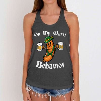 On My Wurst Behavior Funny Bratwurst German Oktoberfest Gift Women's Knotted Racerback Tank