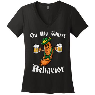 On My Wurst Behavior Funny Bratwurst German Oktoberfest Gift Women's V-Neck T-Shirt